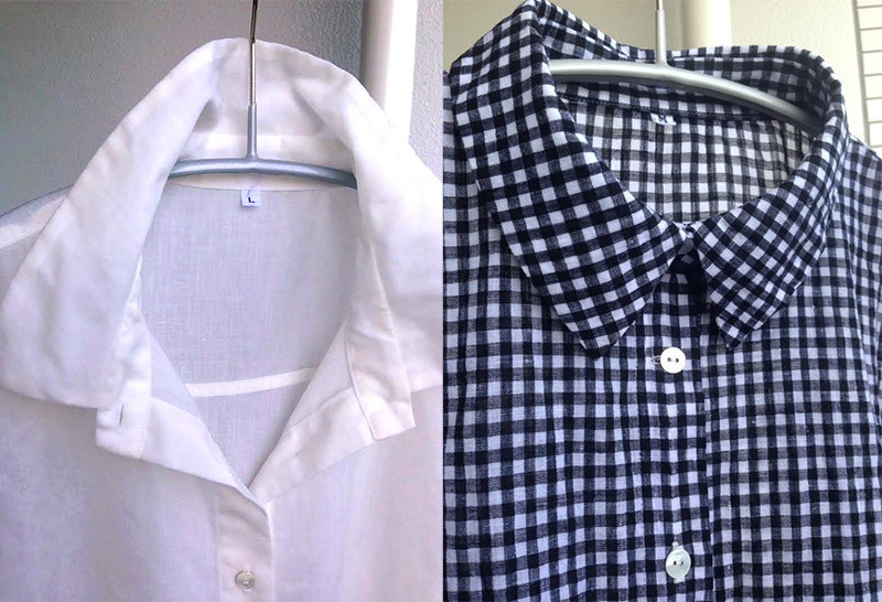 写真：後ろ襟を立てて第一ボタンを開けた白シャツ、ボタンをすべて閉じて襟を整えたギンガムシャツ